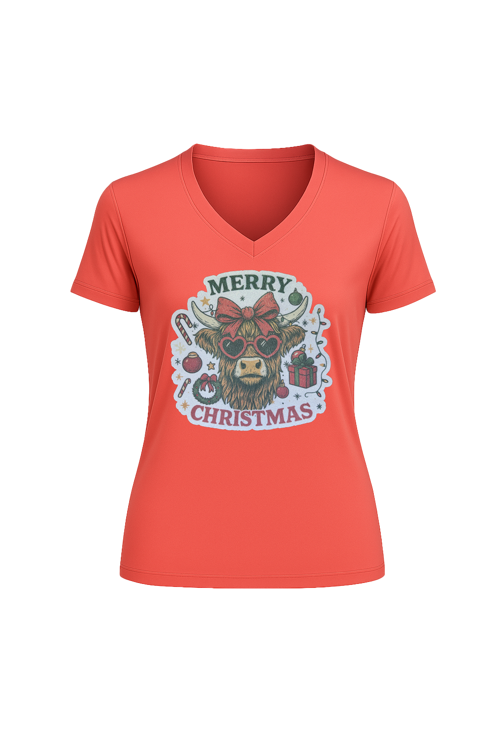 Glitter Christmas Cow Short Sleeve V-Neck Tee