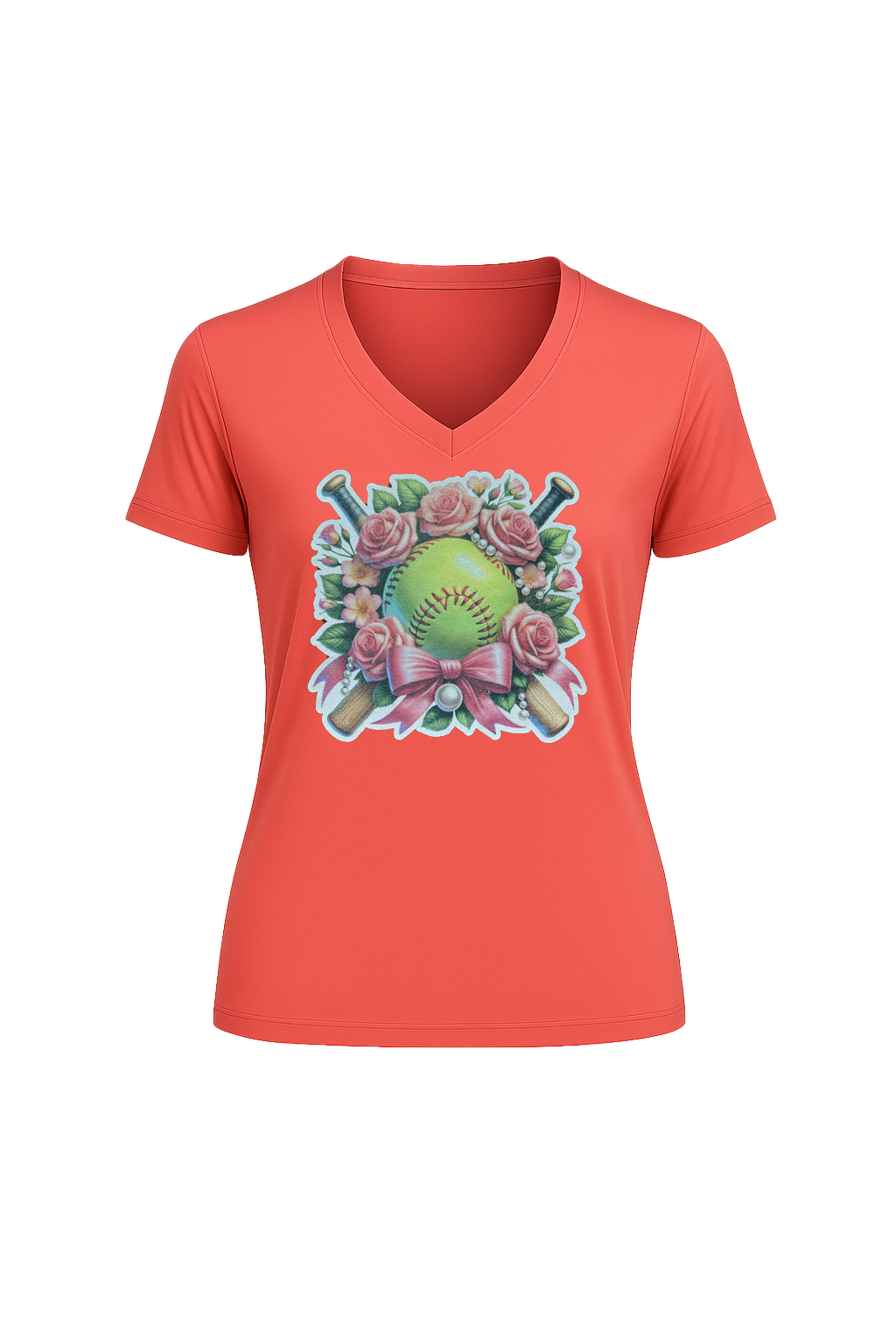 Glitter Softball Bouquet Short Sleeve V-Neck Tee