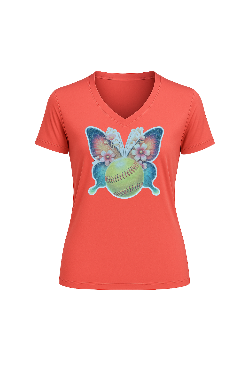 Glitter Softball Butterfly Short Sleeve V-Neck Tee