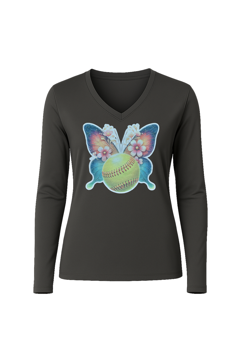 Glitter Softball Butterfly Long Sleeve V-Neck Tee