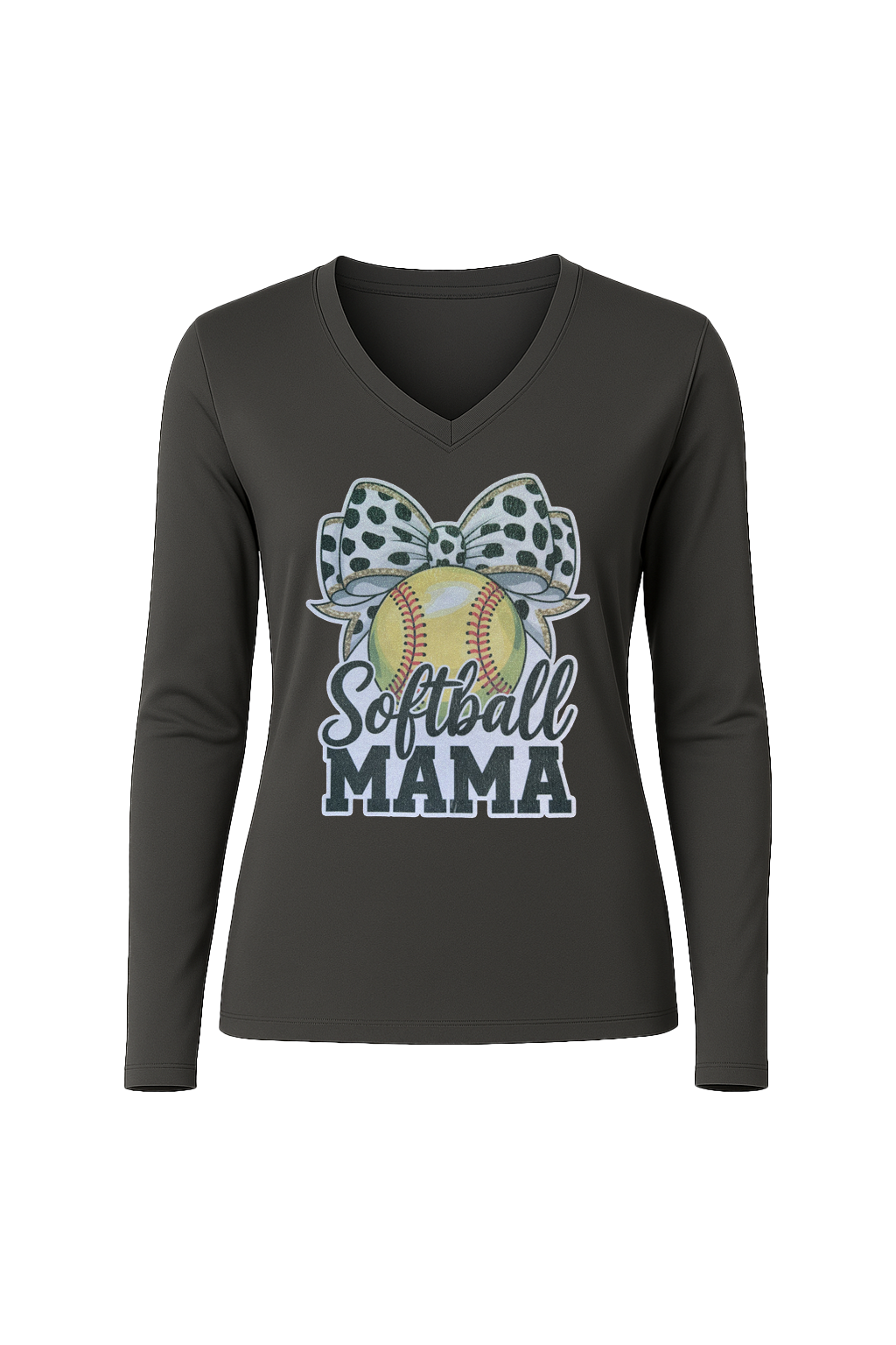 Glitter Softball Mama Bow Long Sleeve V-Neck Tee
