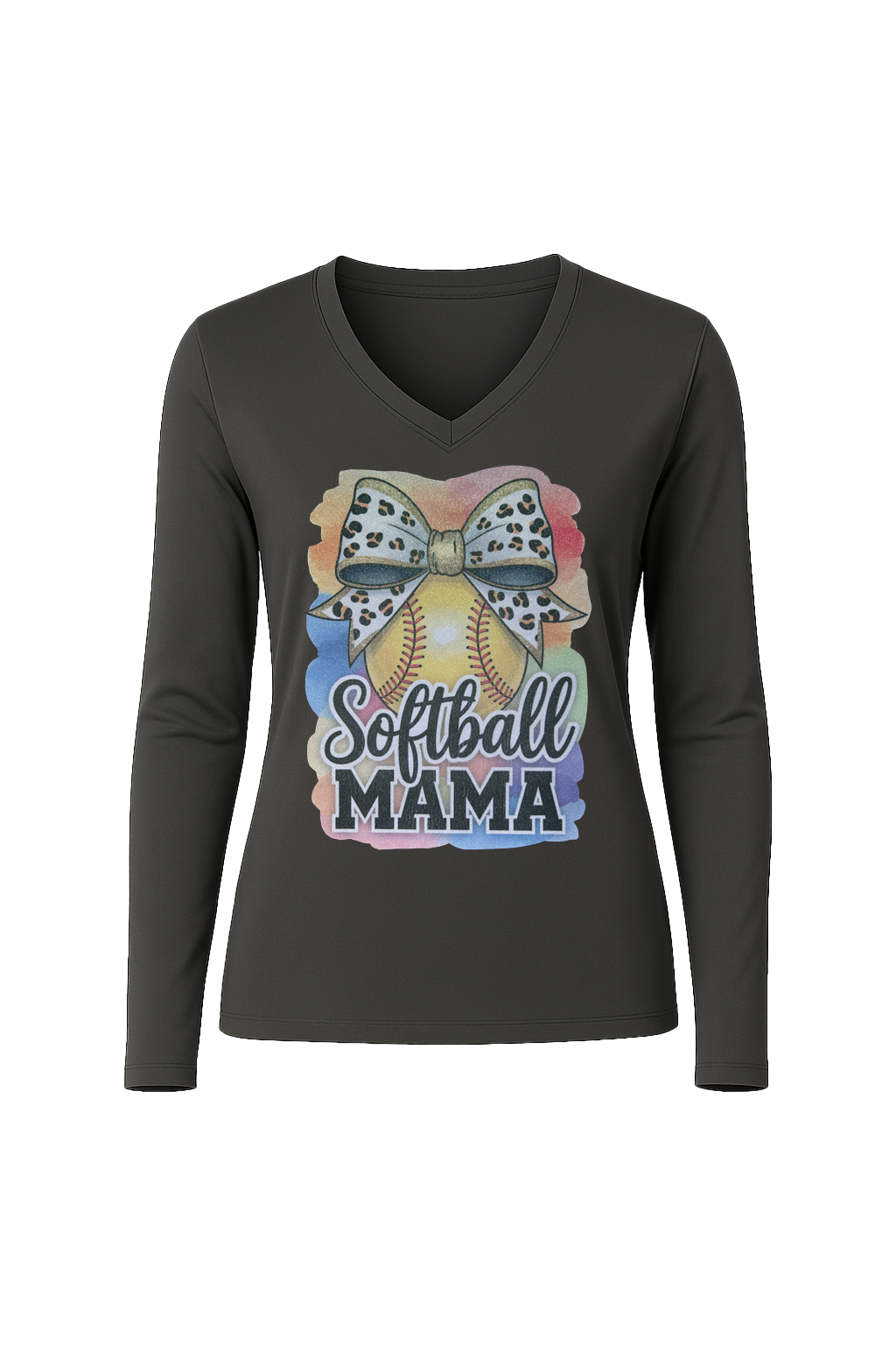 Glitter Watercolor Softball Mama Long Sleeve V-Neck Tee