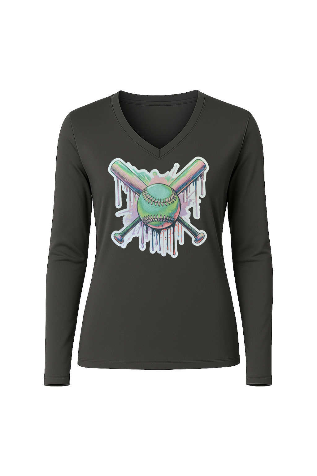 Glitter Green Drip Bats Long Sleeve V-Neck Tee