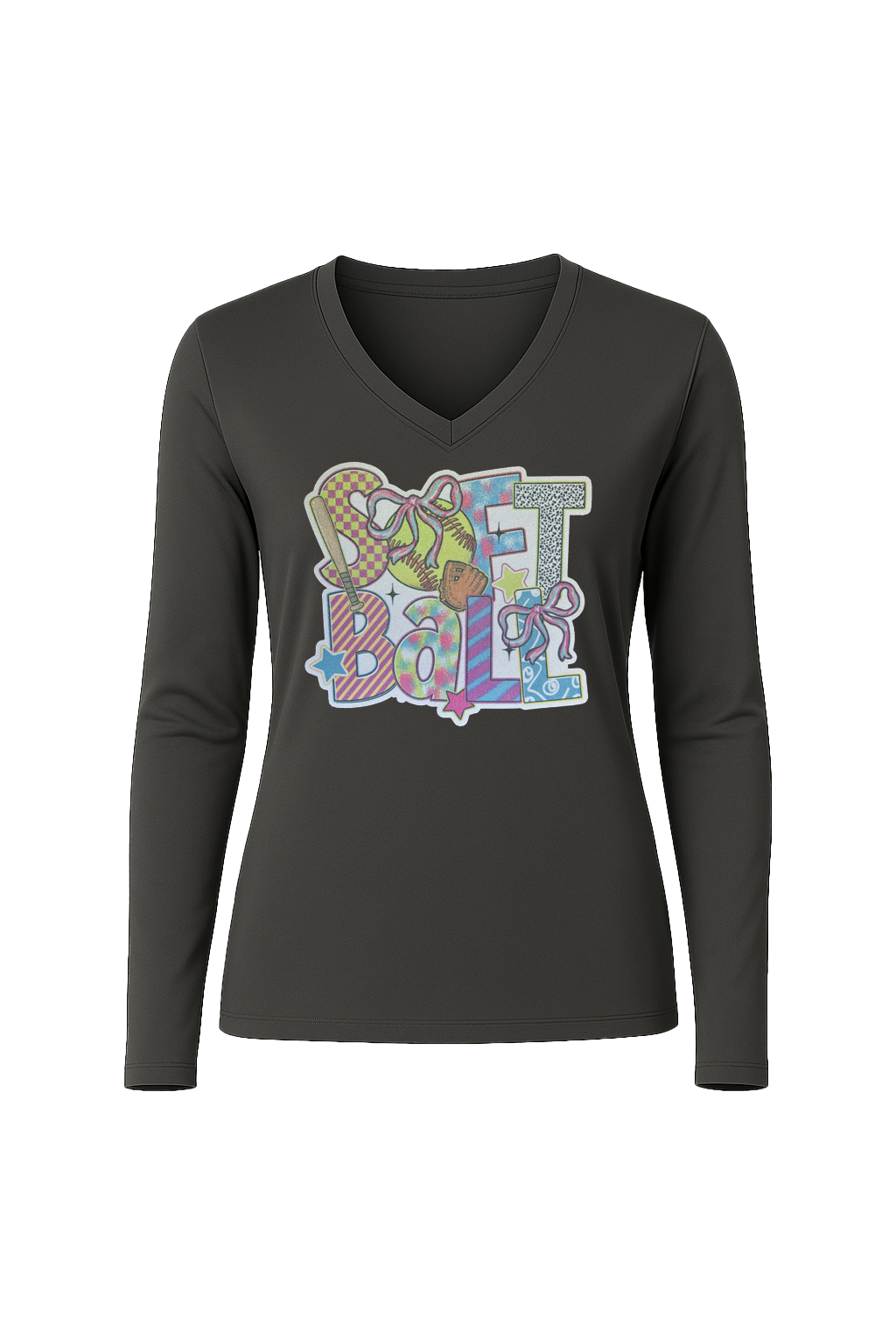 Glitter Softball Collage Long Sleeve V-Neck Tee