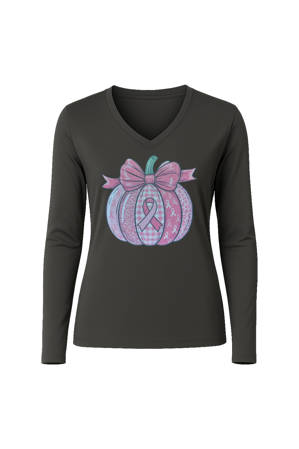 Glitter Breast Cancer Pumpkin Long Sleeve V-Neck Tee