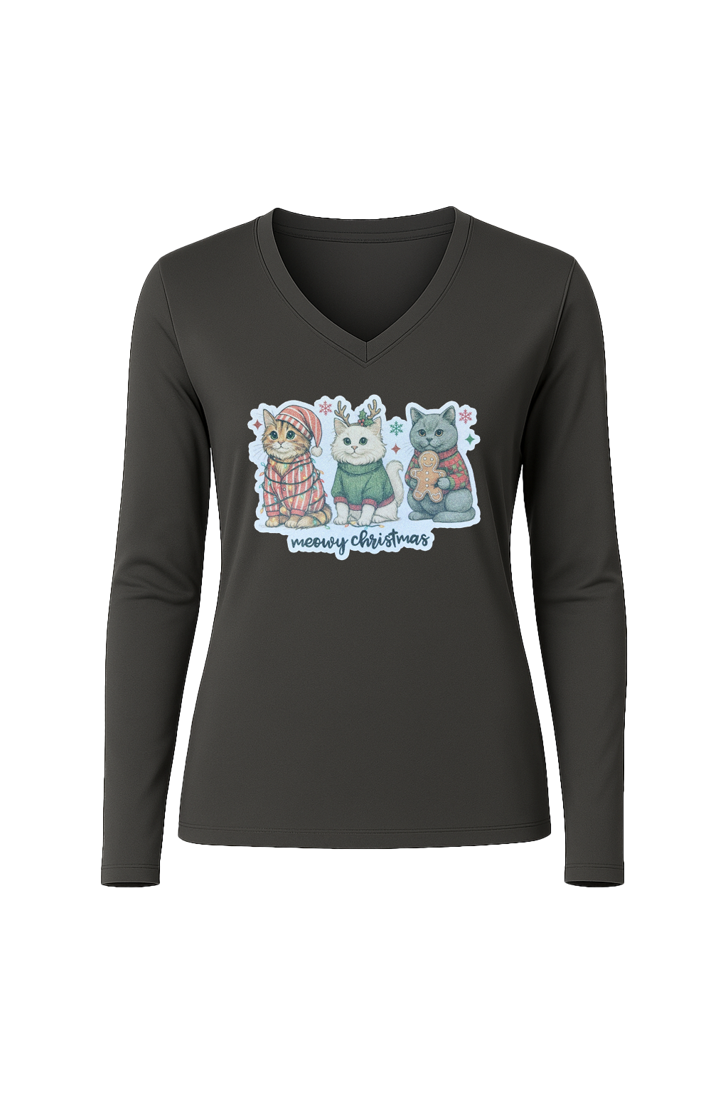 Glitter Christmas Cats Long Sleeve V-Neck Tee