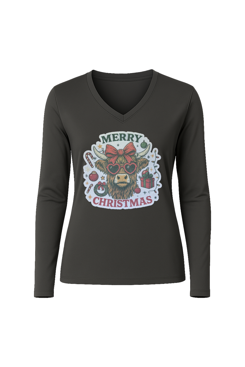 Glitter Christmas Cow Long Sleeve V-Neck Tee