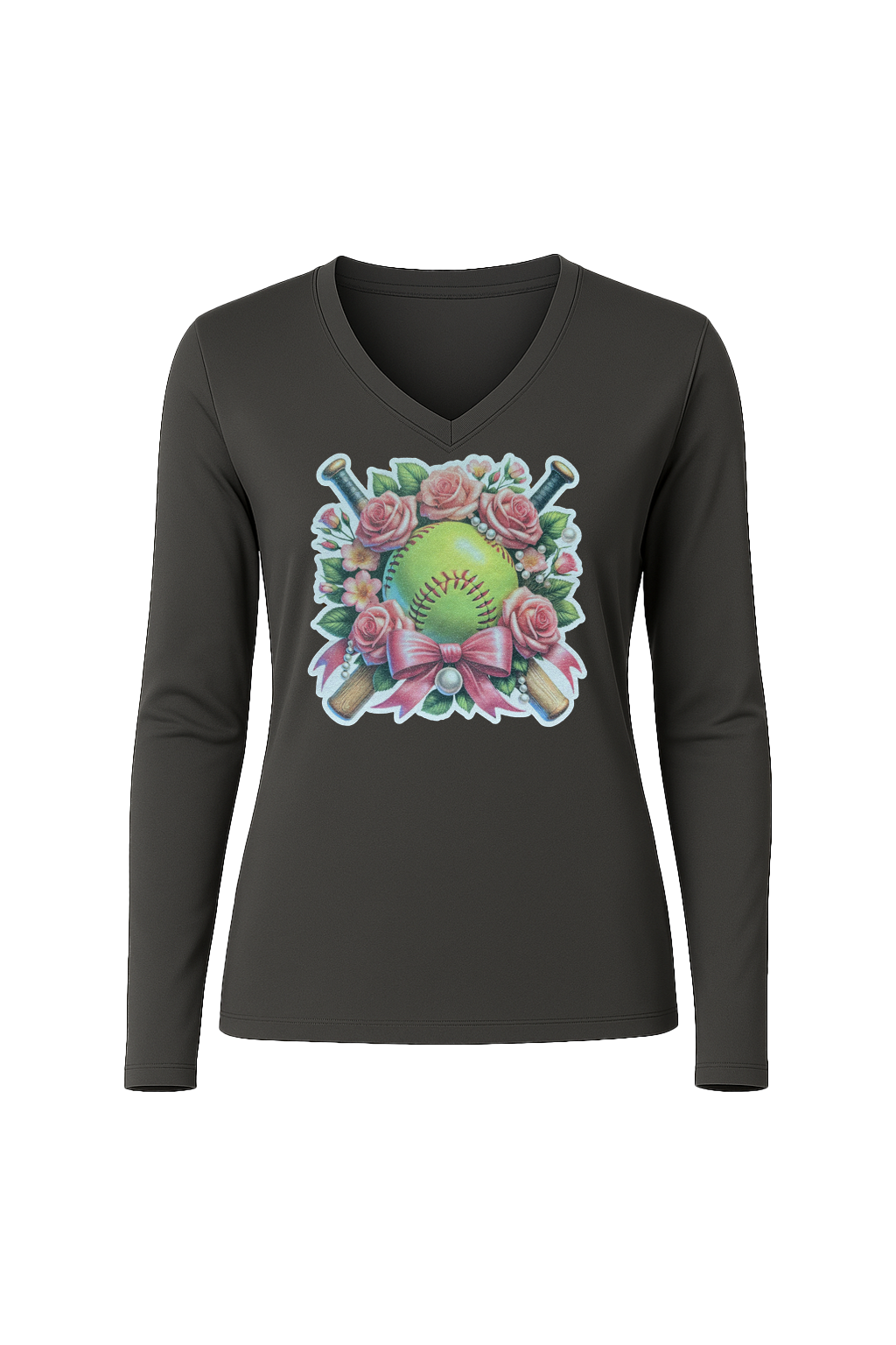 Glitter Softball Bouquet Long Sleeve V-Neck Tee