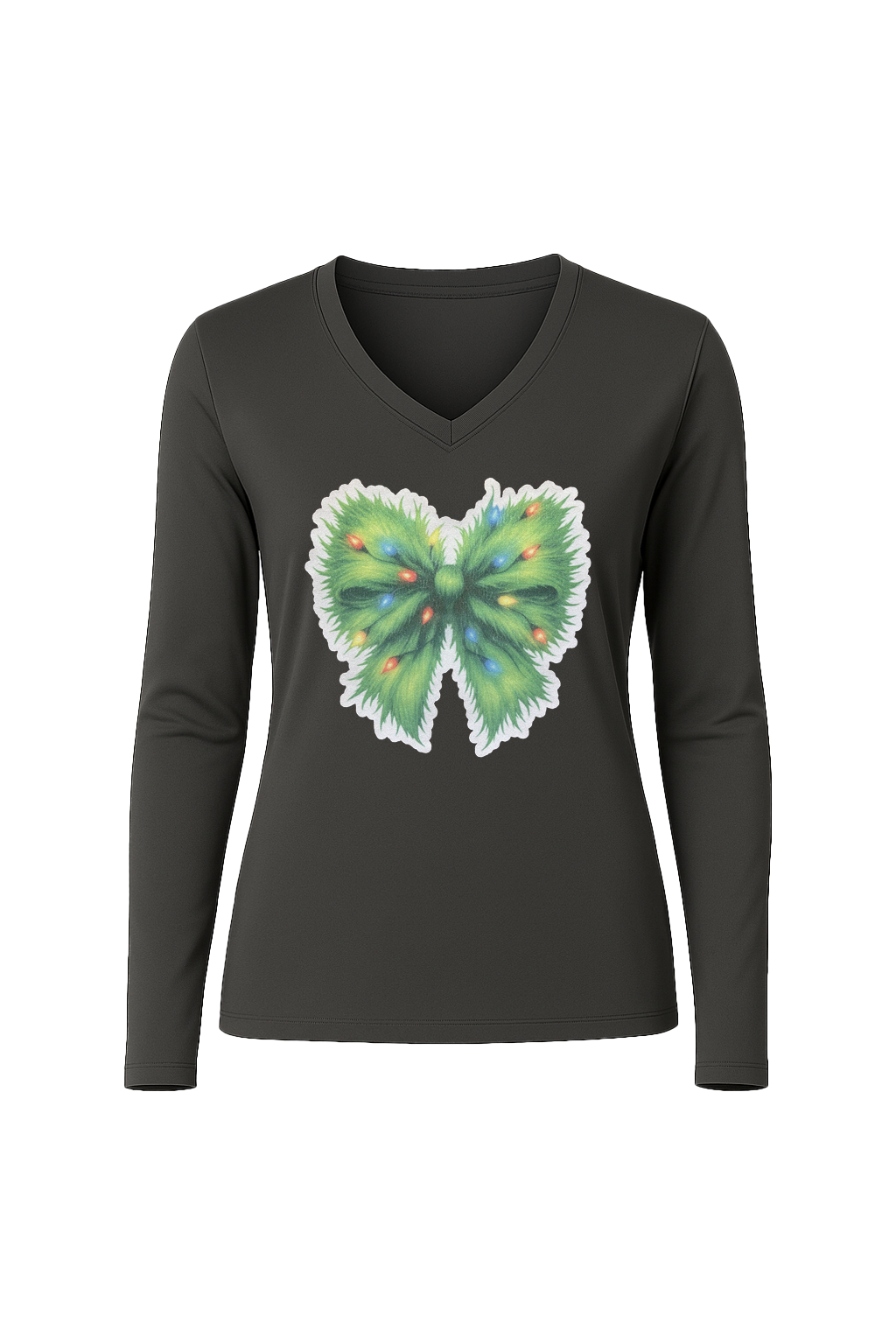 Glitter Evergreen Bow Long Sleeve V-Neck Tee