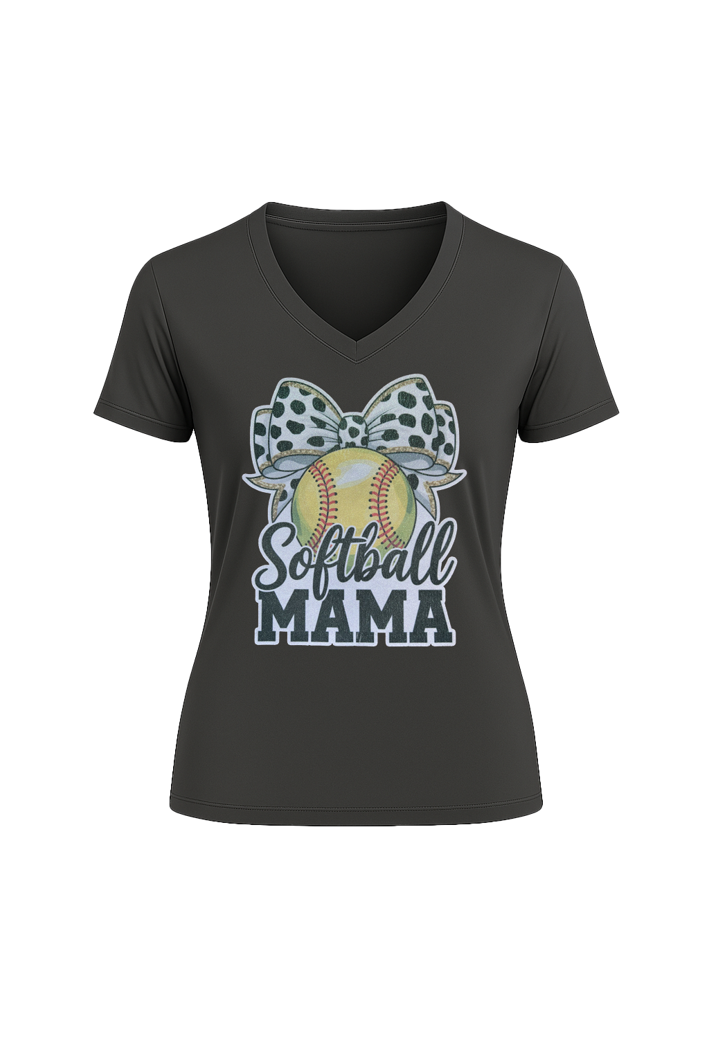 Glitter Softball Mama Bow Short Sleeve V-Neck Tee