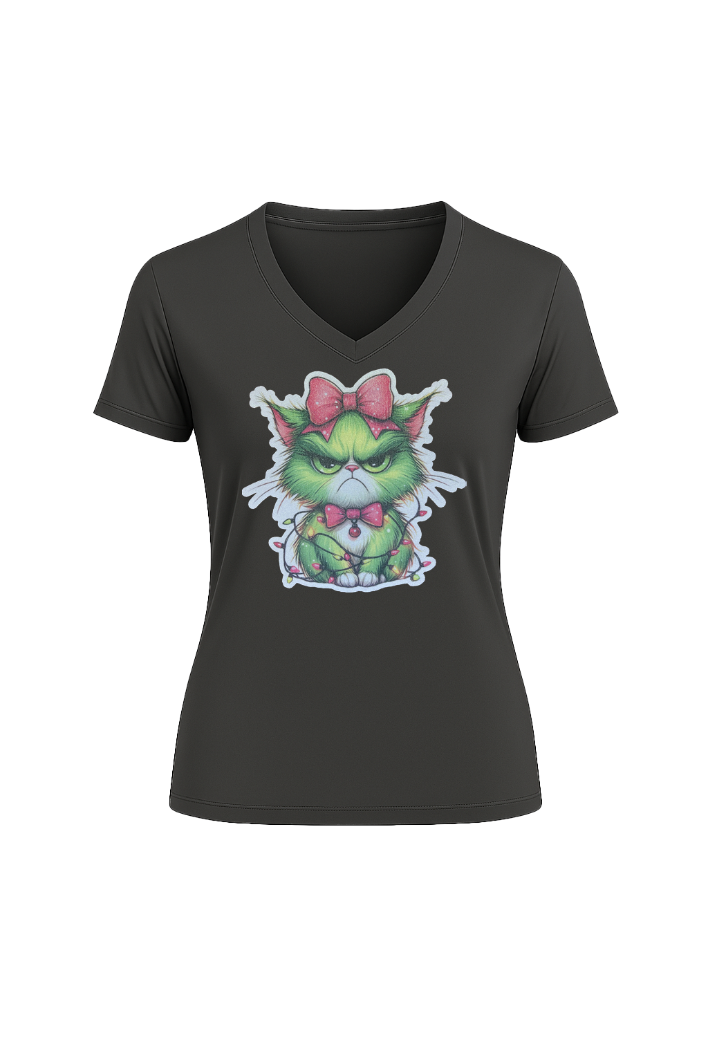 Glitter Grumpy Green Cat Short Sleeve V-Neck Tee