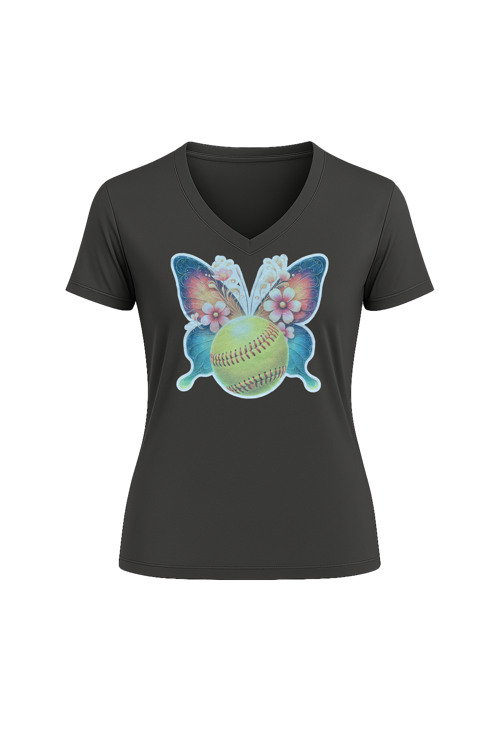 Glitter Softball Butterfly Short Sleeve V-Neck Tee