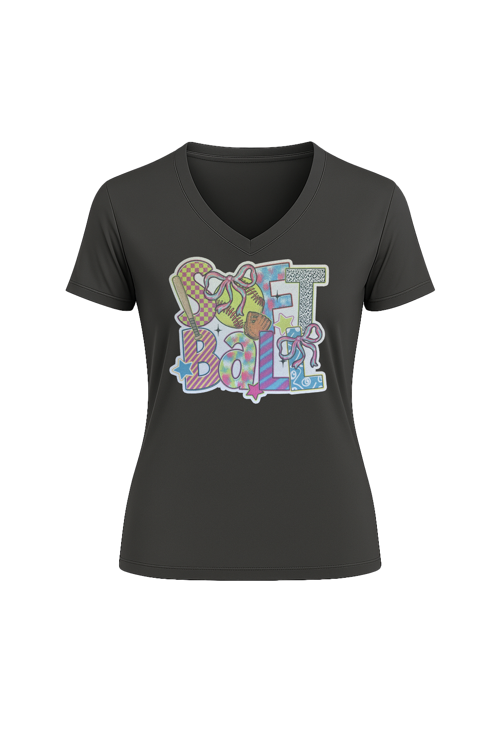 Glitter Softball Collage Short Sleeve V-Neck Tee