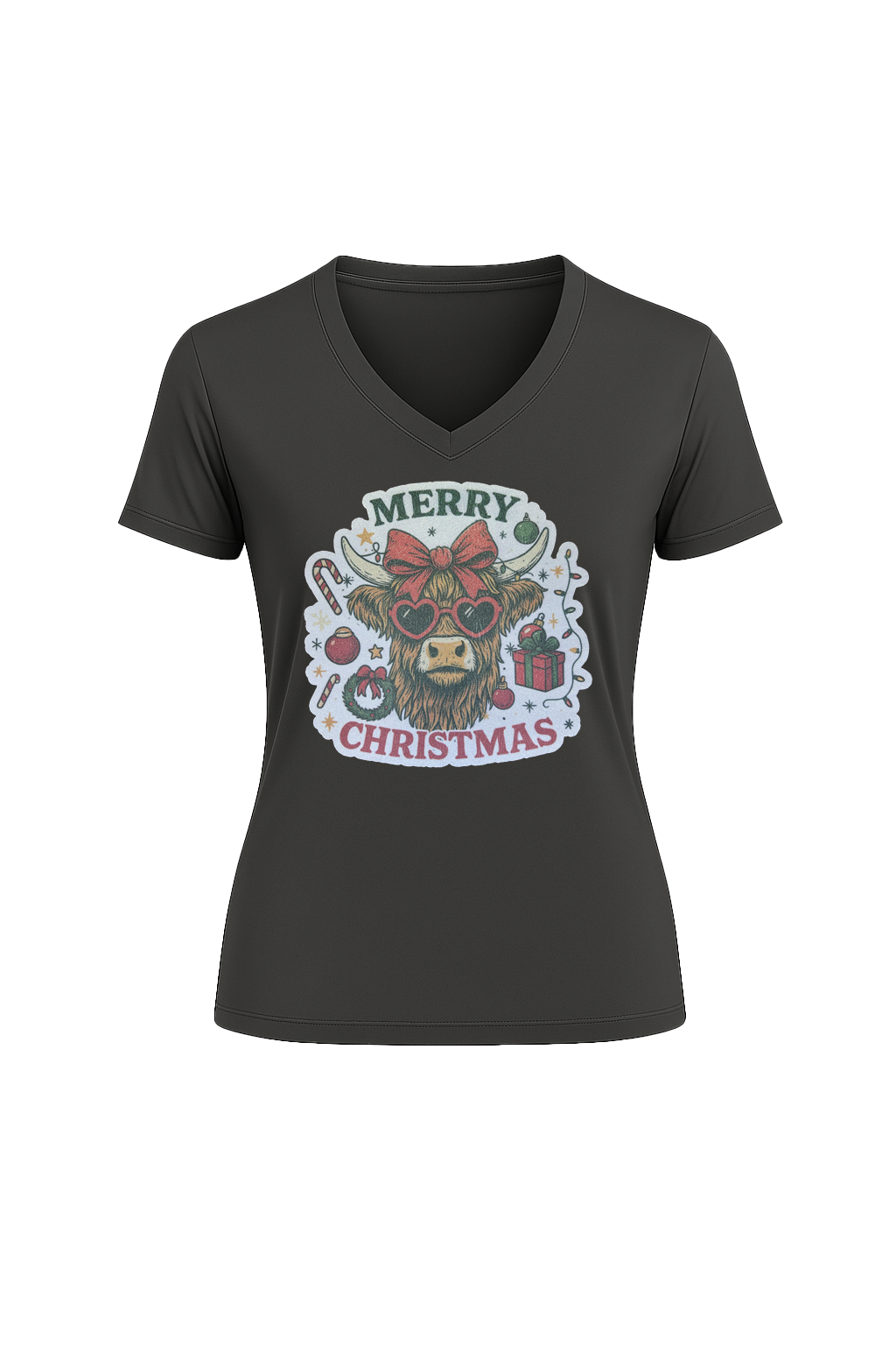 Glitter Christmas Cow Short Sleeve V-Neck Tee
