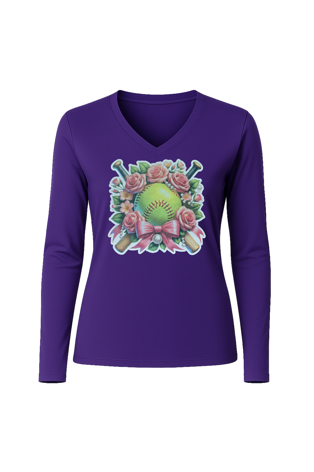 Glitter Softball Bouquet Long Sleeve V-Neck Tee