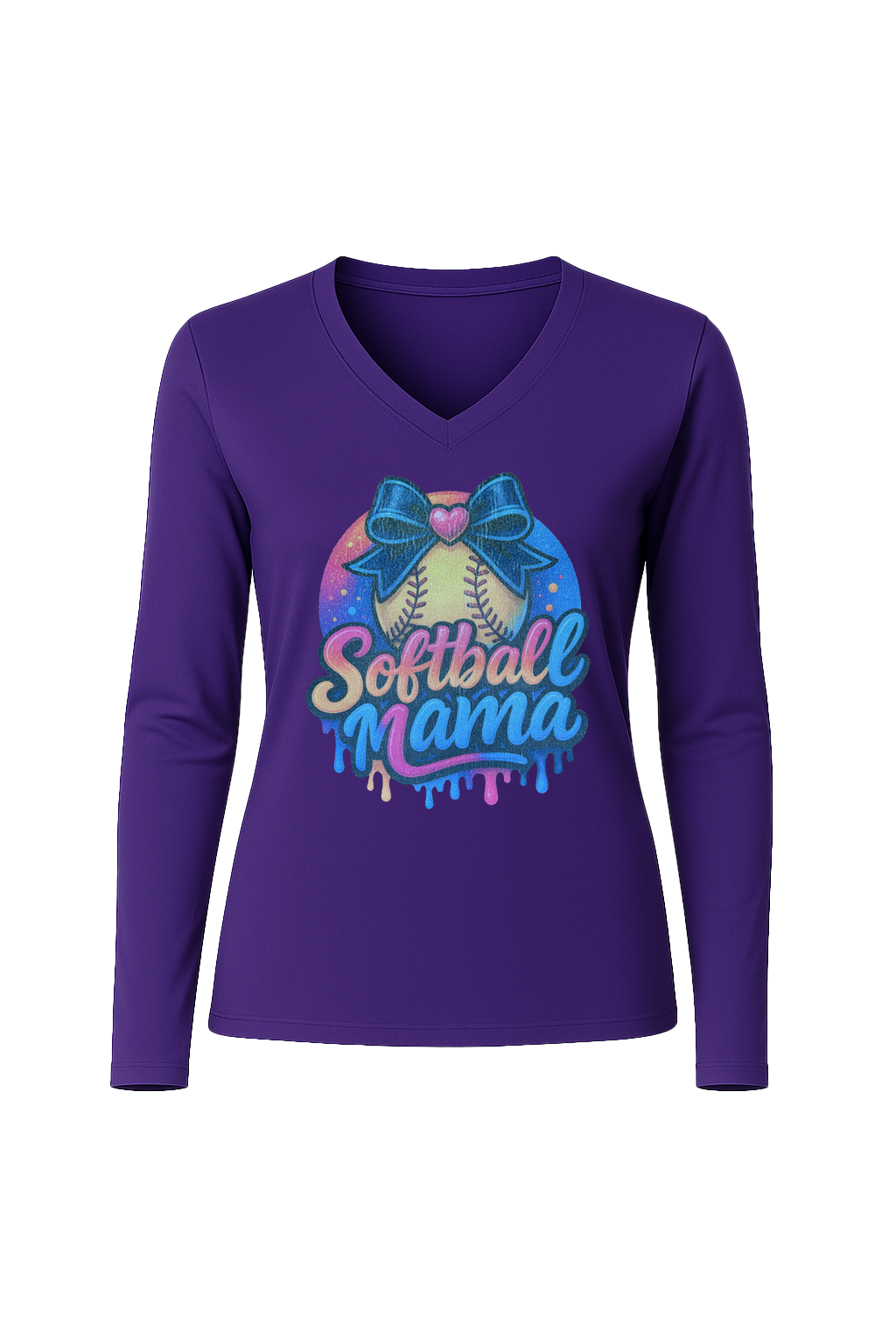Glitter Softball Mama Drip Long Sleeve V-Neck Tee