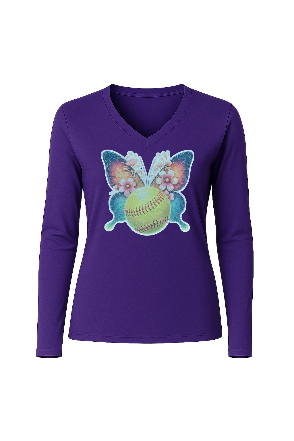 Glitter Softball Butterfly Long Sleeve V-Neck Tee