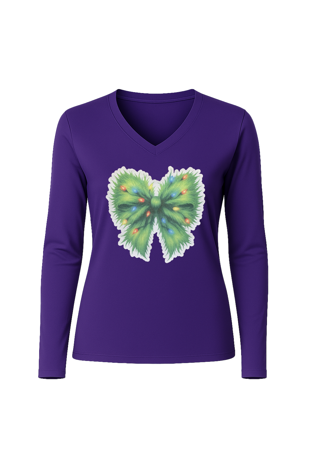 Glitter Evergreen Bow Long Sleeve V-Neck Tee