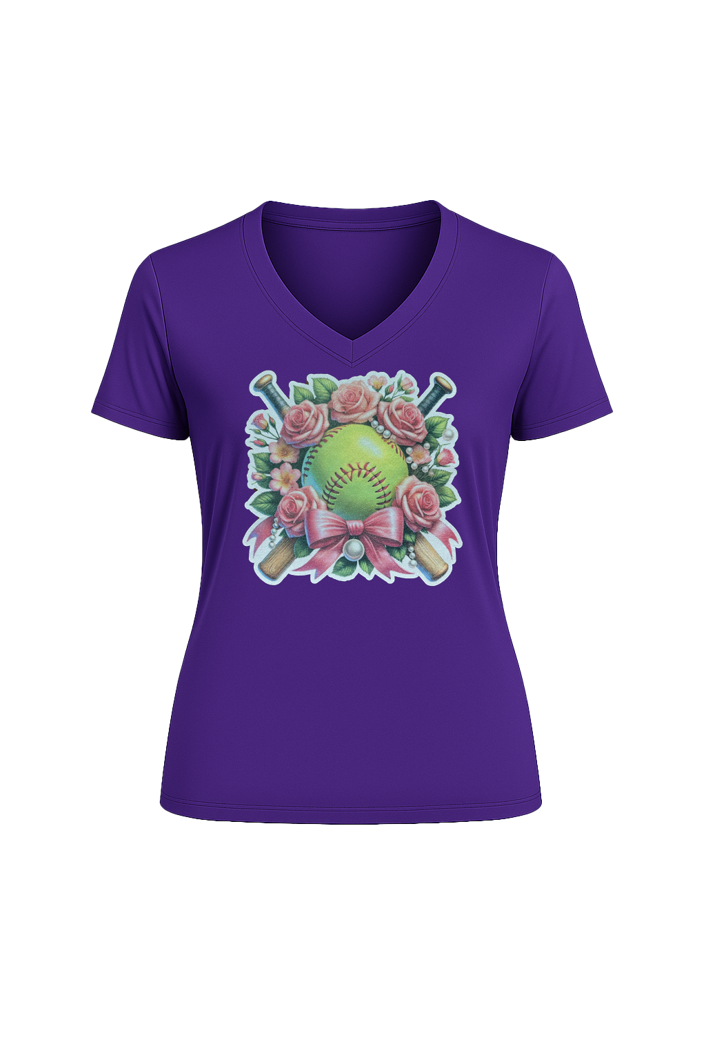 Glitter Softball Bouquet Short Sleeve V-Neck Tee