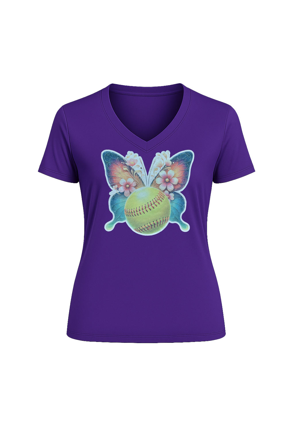 Glitter Softball Butterfly Short Sleeve V-Neck Tee
