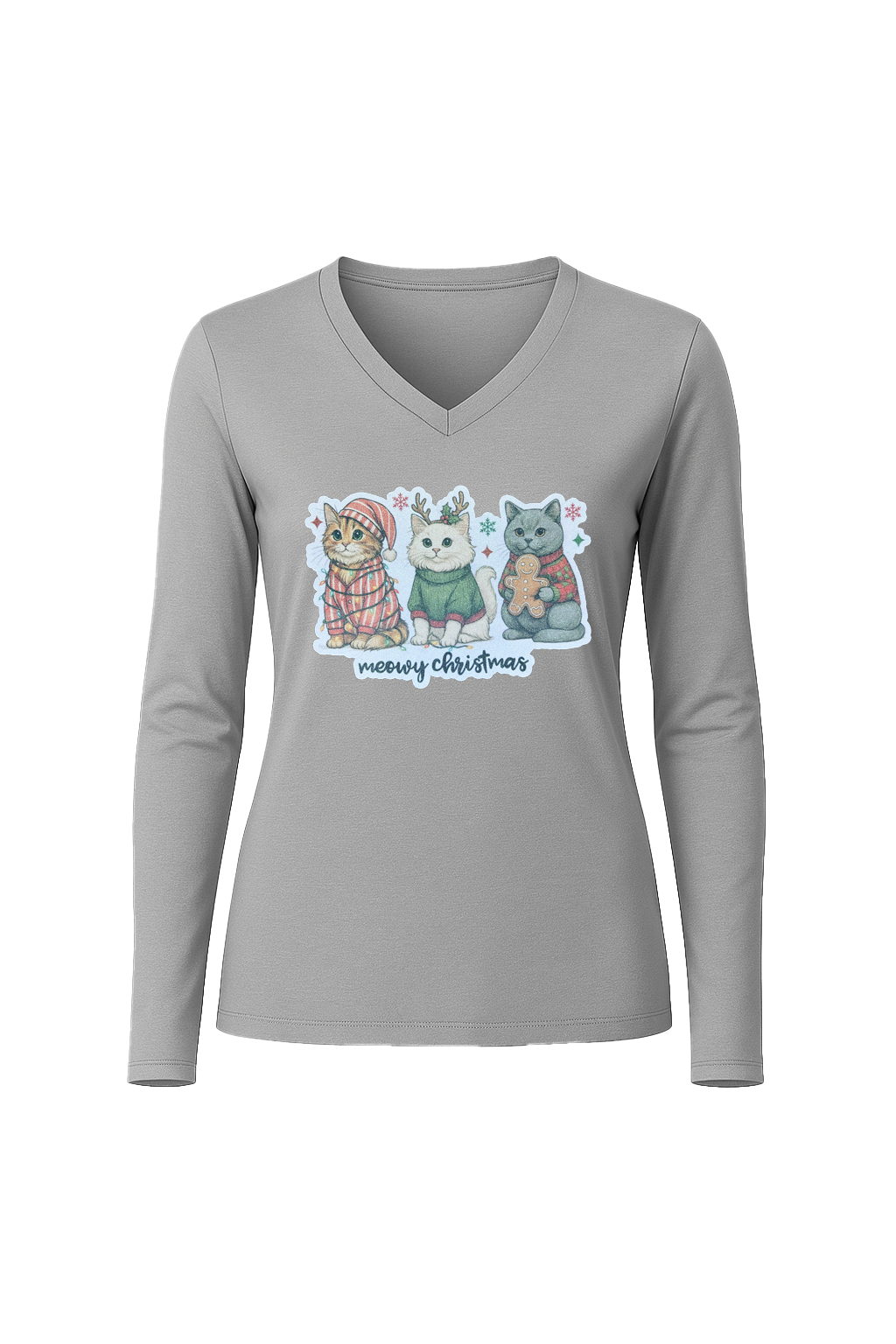 Glitter Christmas Cats Long Sleeve V-Neck Tee