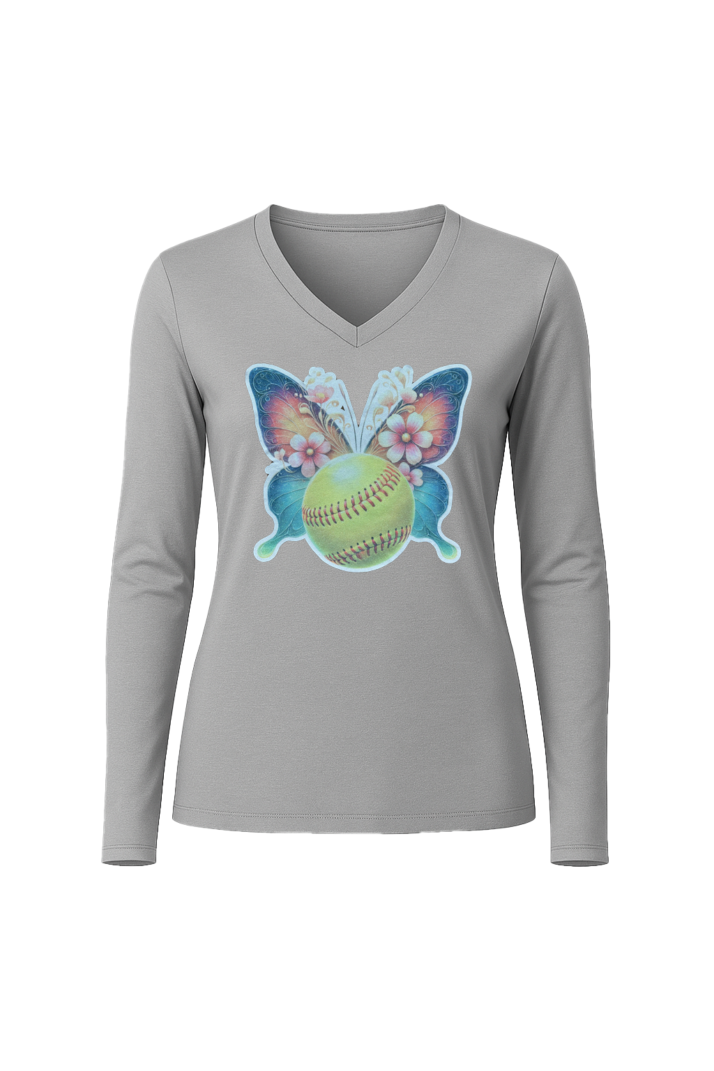 Glitter Softball Butterfly Long Sleeve V-Neck Tee