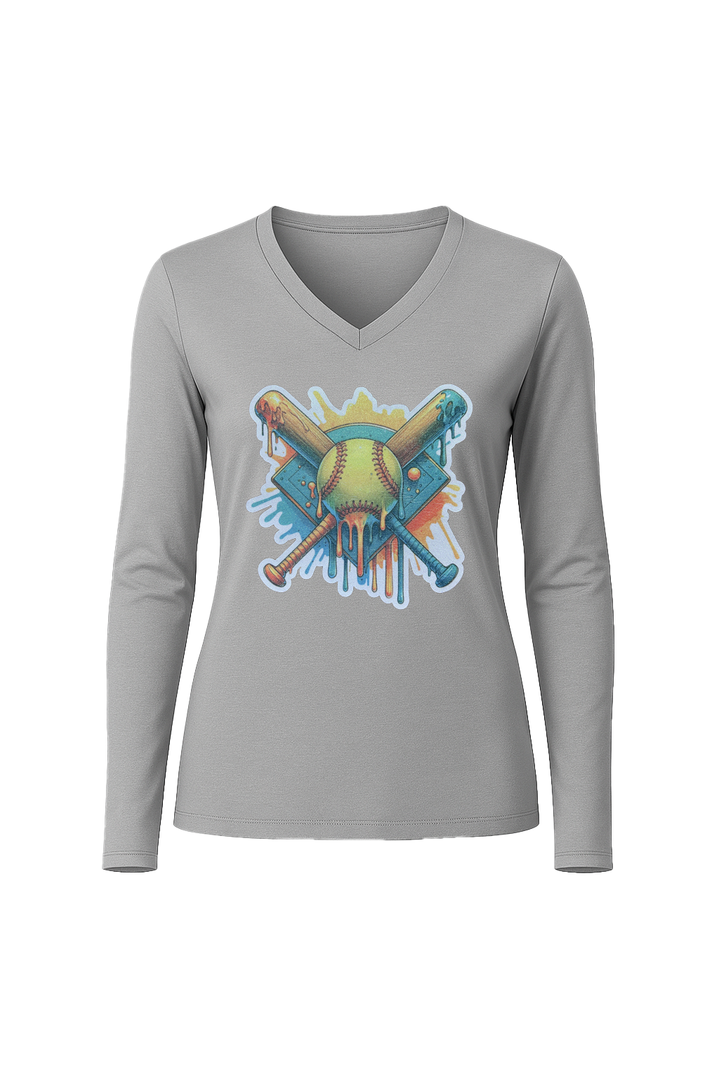 Glitter Teal Shield Long Sleeve V-Neck Tee
