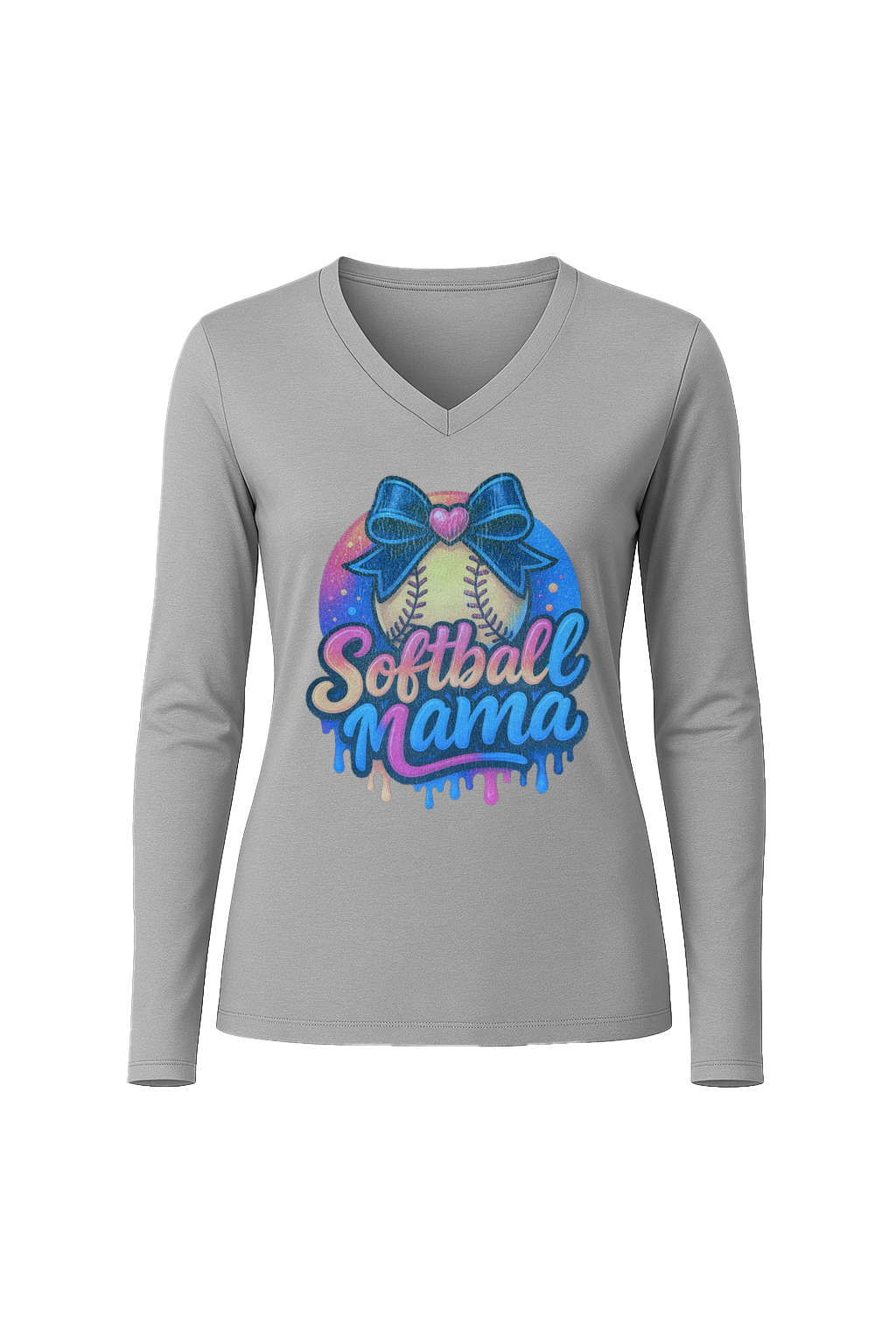 Glitter Softball Mama Drip Long Sleeve V-Neck Tee
