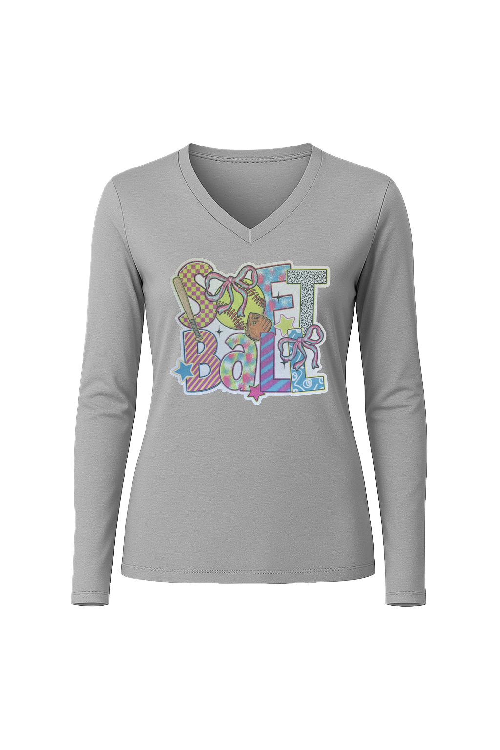 Glitter Softball Collage Long Sleeve V-Neck Tee