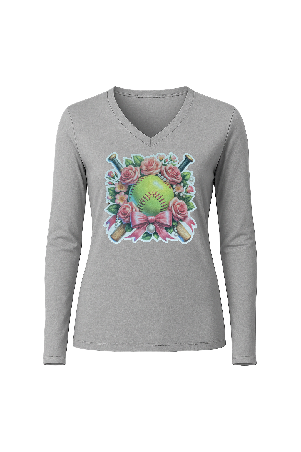 Glitter Softball Bouquet Long Sleeve V-Neck Tee