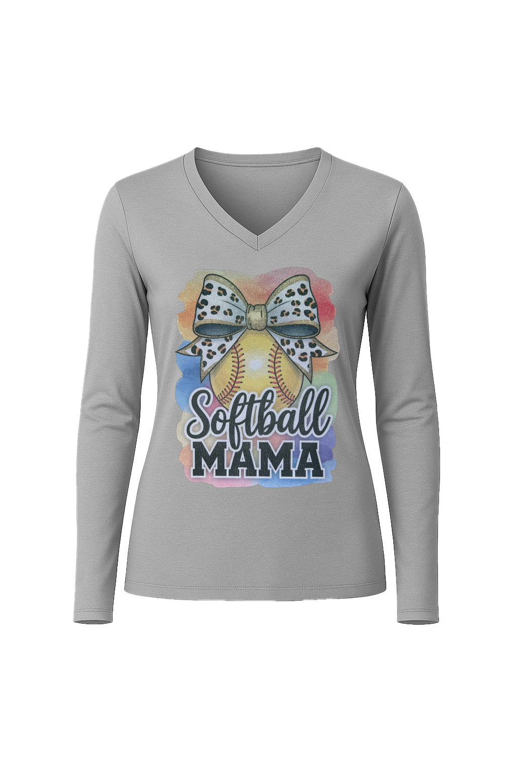 Glitter Watercolor Softball Mama Long Sleeve V-Neck Tee