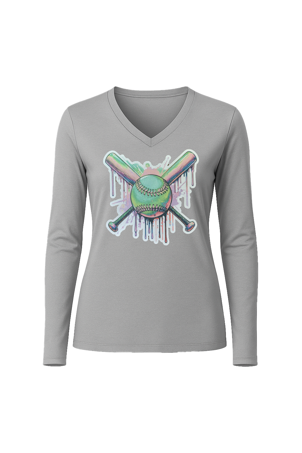 Glitter Green Drip Bats Long Sleeve V-Neck Tee