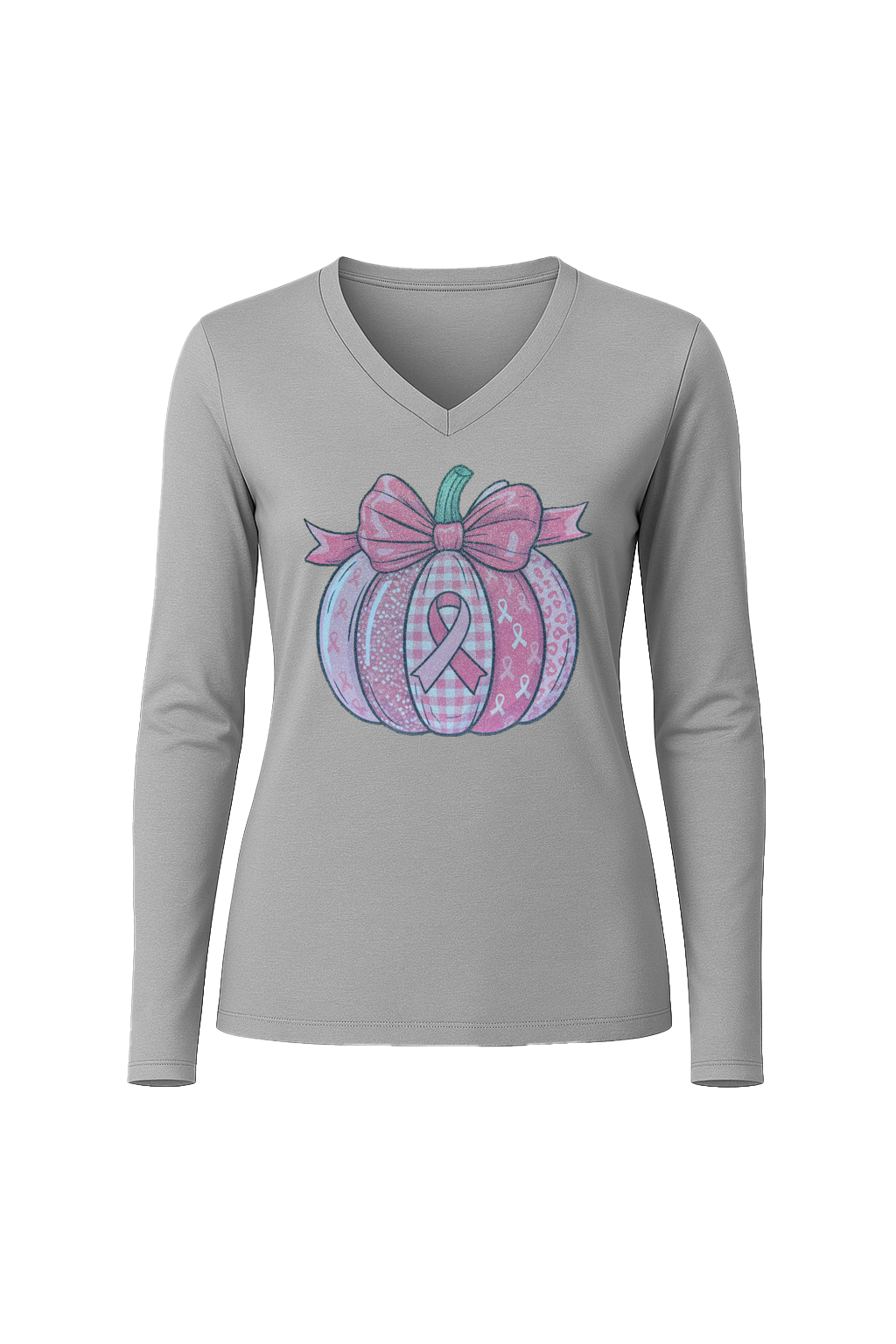 Glitter Breast Cancer Pumpkin Long Sleeve V-Neck Tee