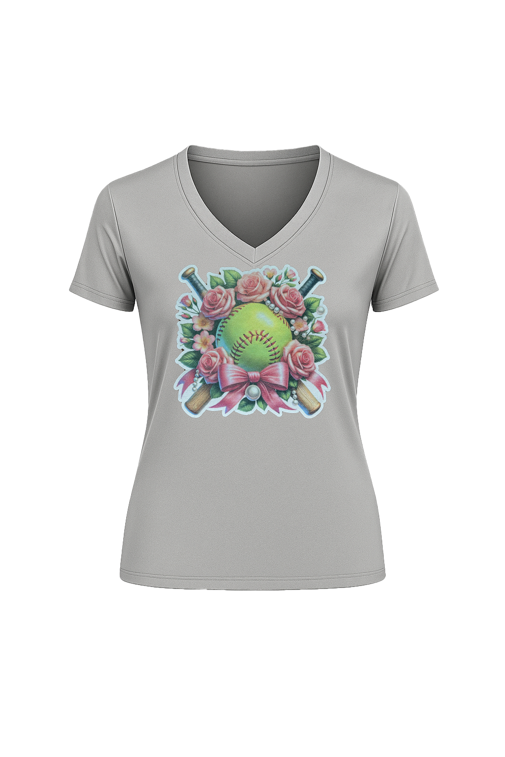Glitter Softball Bouquet Short Sleeve V-Neck Tee
