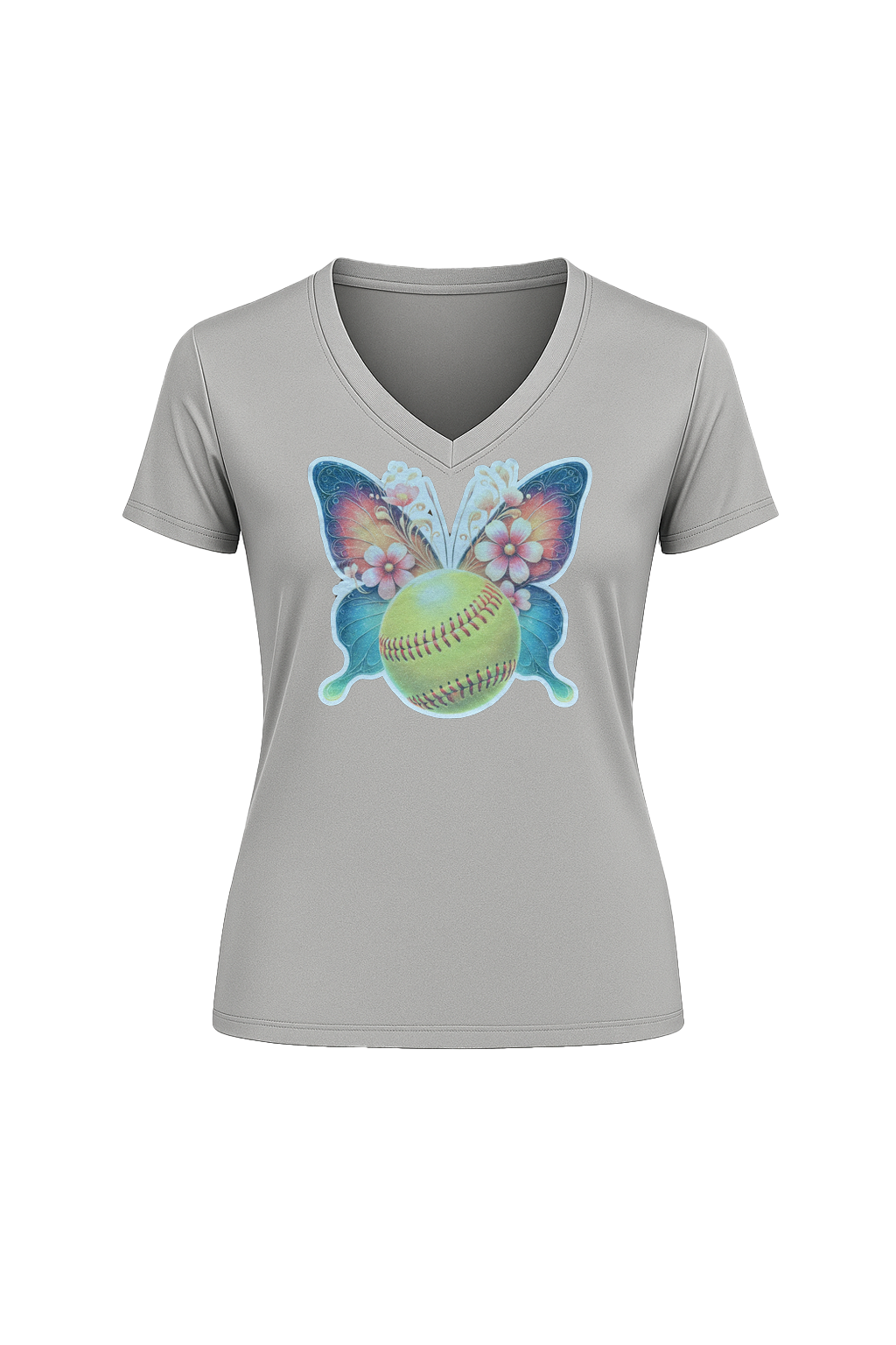 Glitter Softball Butterfly Short Sleeve V-Neck Tee