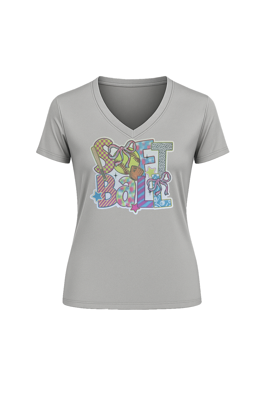 Glitter Softball Collage Short Sleeve V-Neck Tee