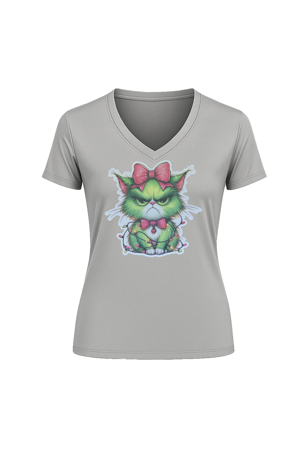 Glitter Grumpy Green Cat Short Sleeve V-Neck Tee