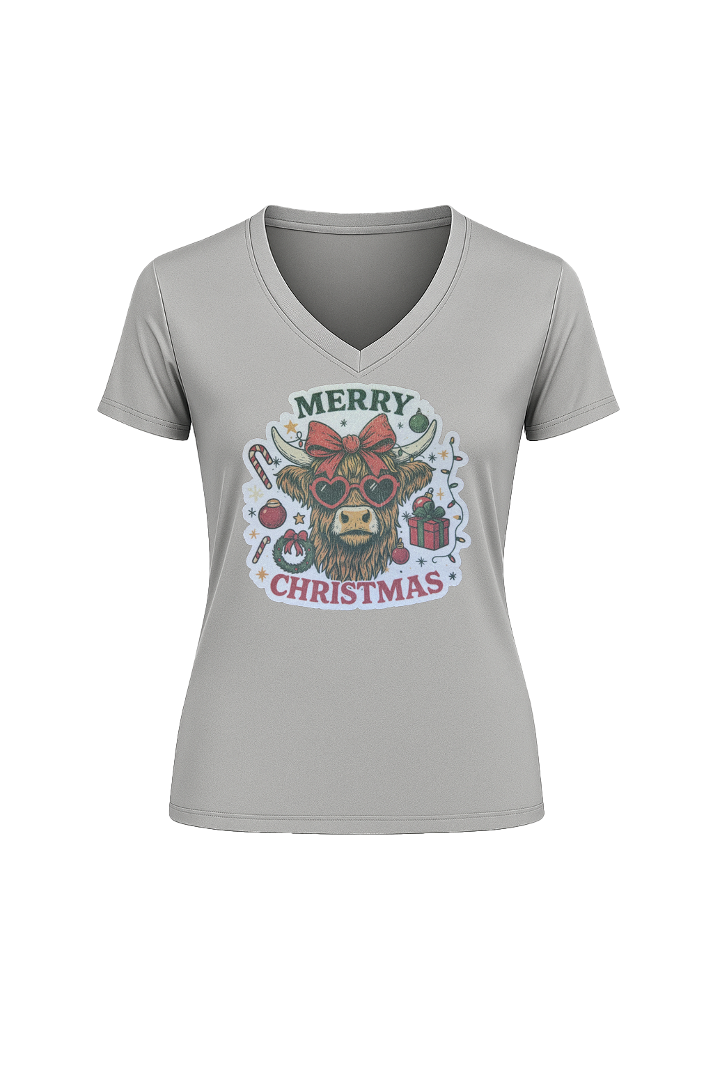 Glitter Christmas Cow Short Sleeve V-Neck Tee