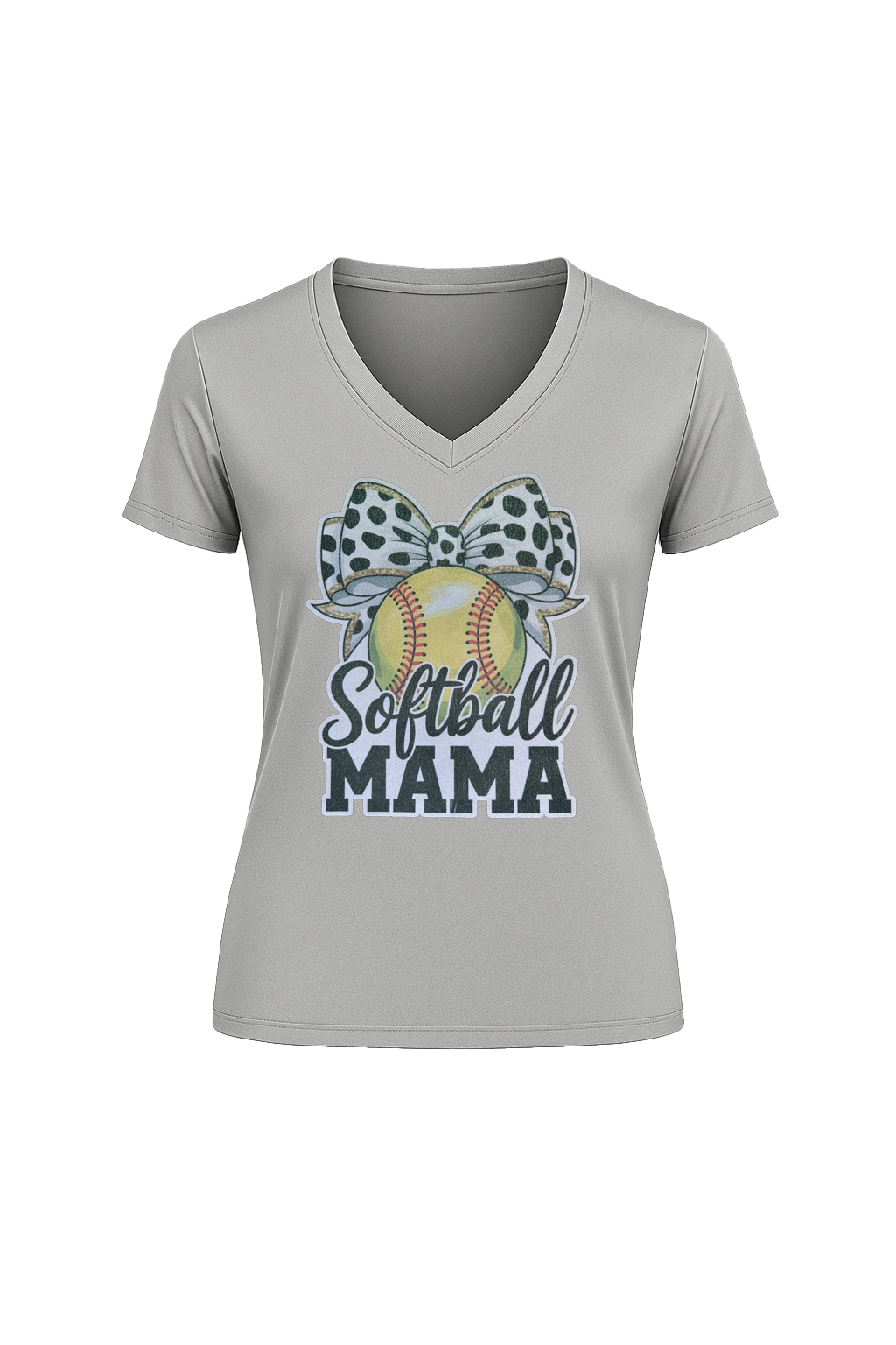 Glitter Softball Mama Bow Short Sleeve V-Neck Tee