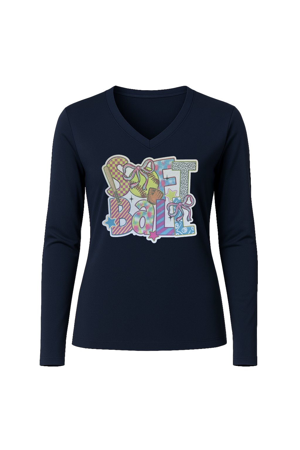 Glitter Softball Collage Long Sleeve V-Neck Tee