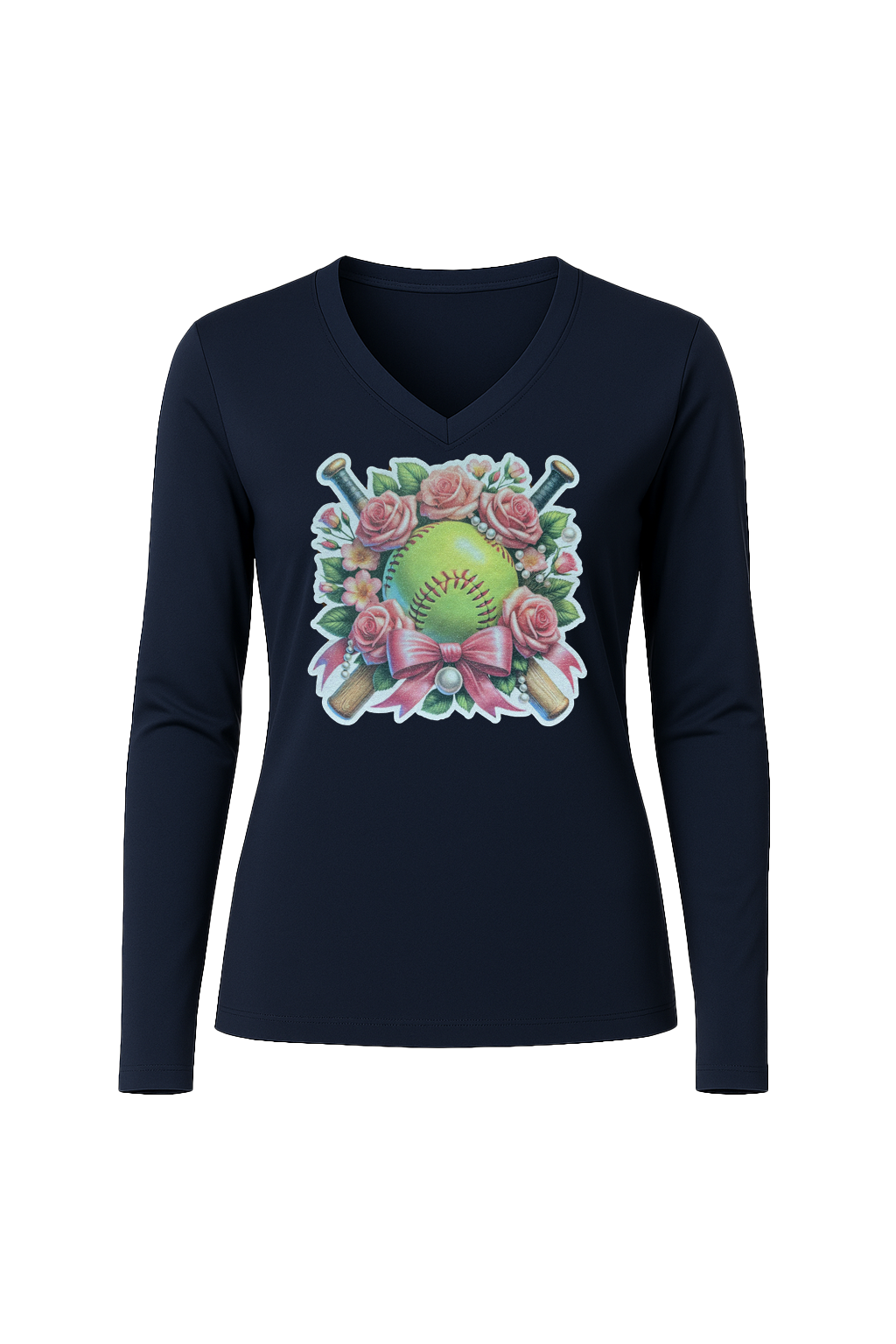 Glitter Softball Bouquet Long Sleeve V-Neck Tee