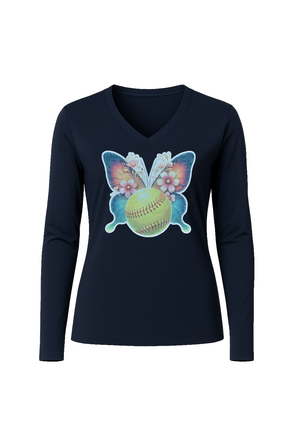 Glitter Softball Butterfly Long Sleeve V-Neck Tee