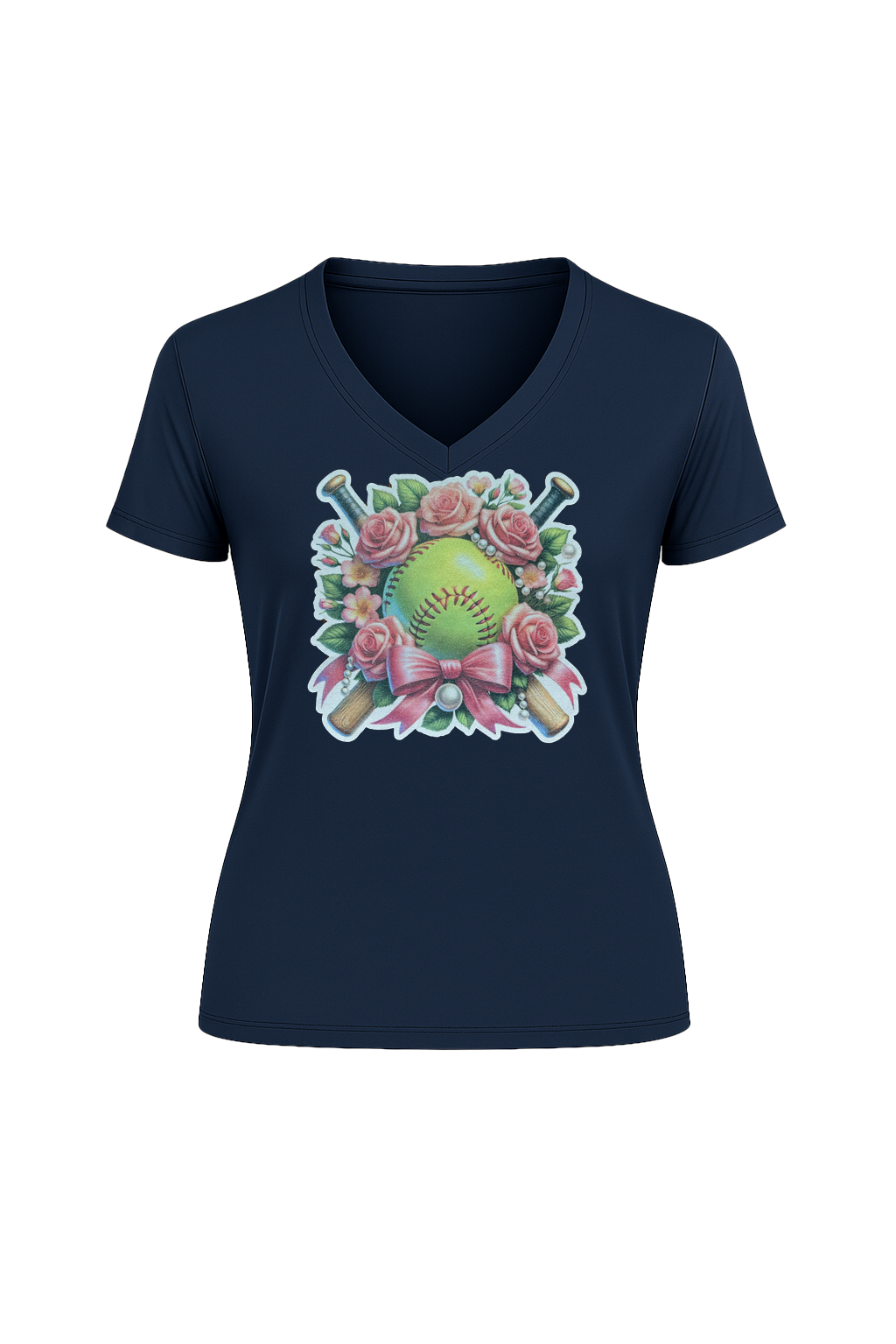 Glitter Softball Bouquet Short Sleeve V-Neck Tee