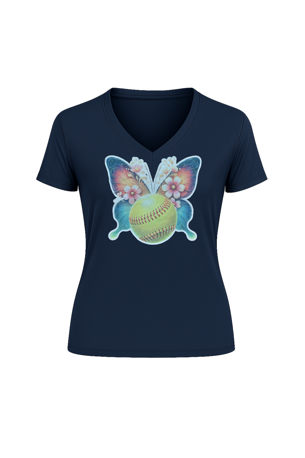 Glitter Softball Butterfly Short Sleeve V-Neck Tee