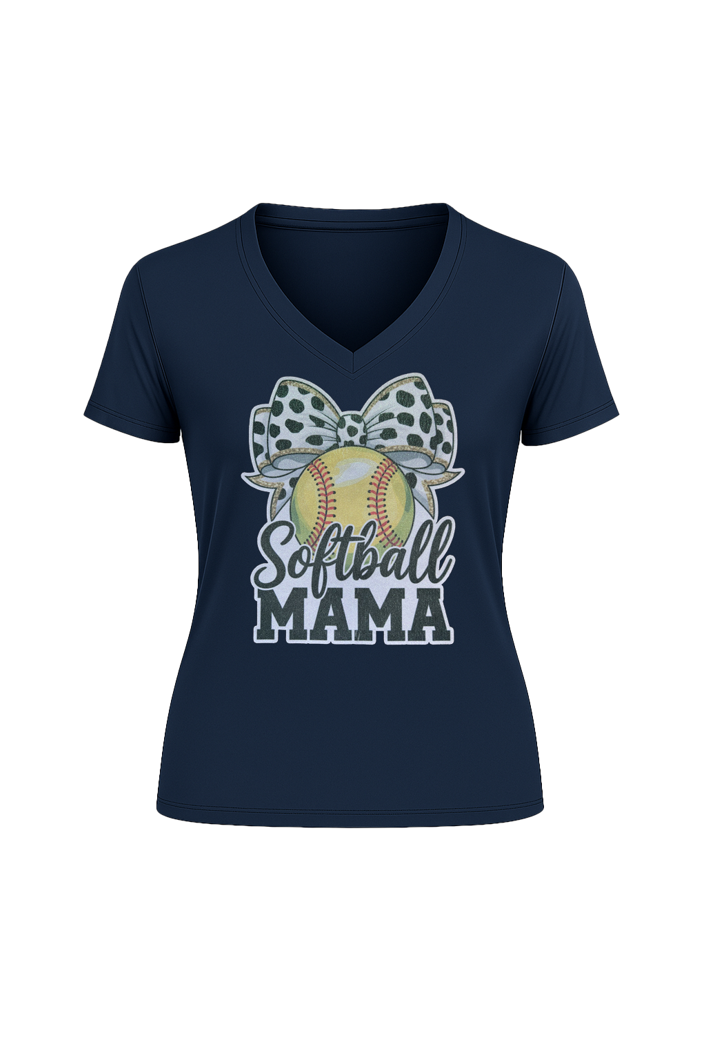 Glitter Softball Mama Bow Short Sleeve V-Neck Tee