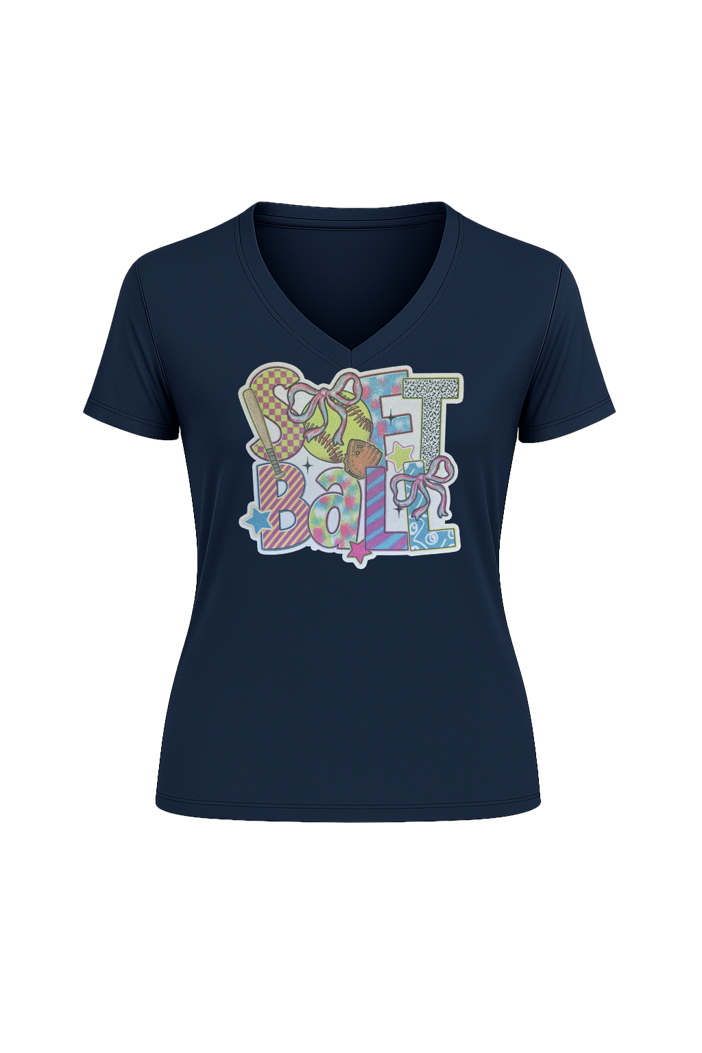 Glitter Softball Collage Short Sleeve V-Neck Tee