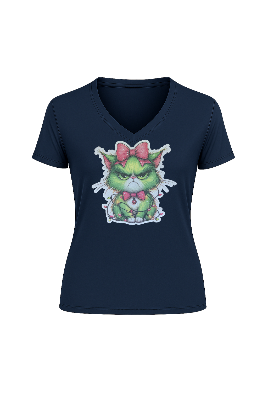 Glitter Grumpy Green Cat Short Sleeve V-Neck Tee