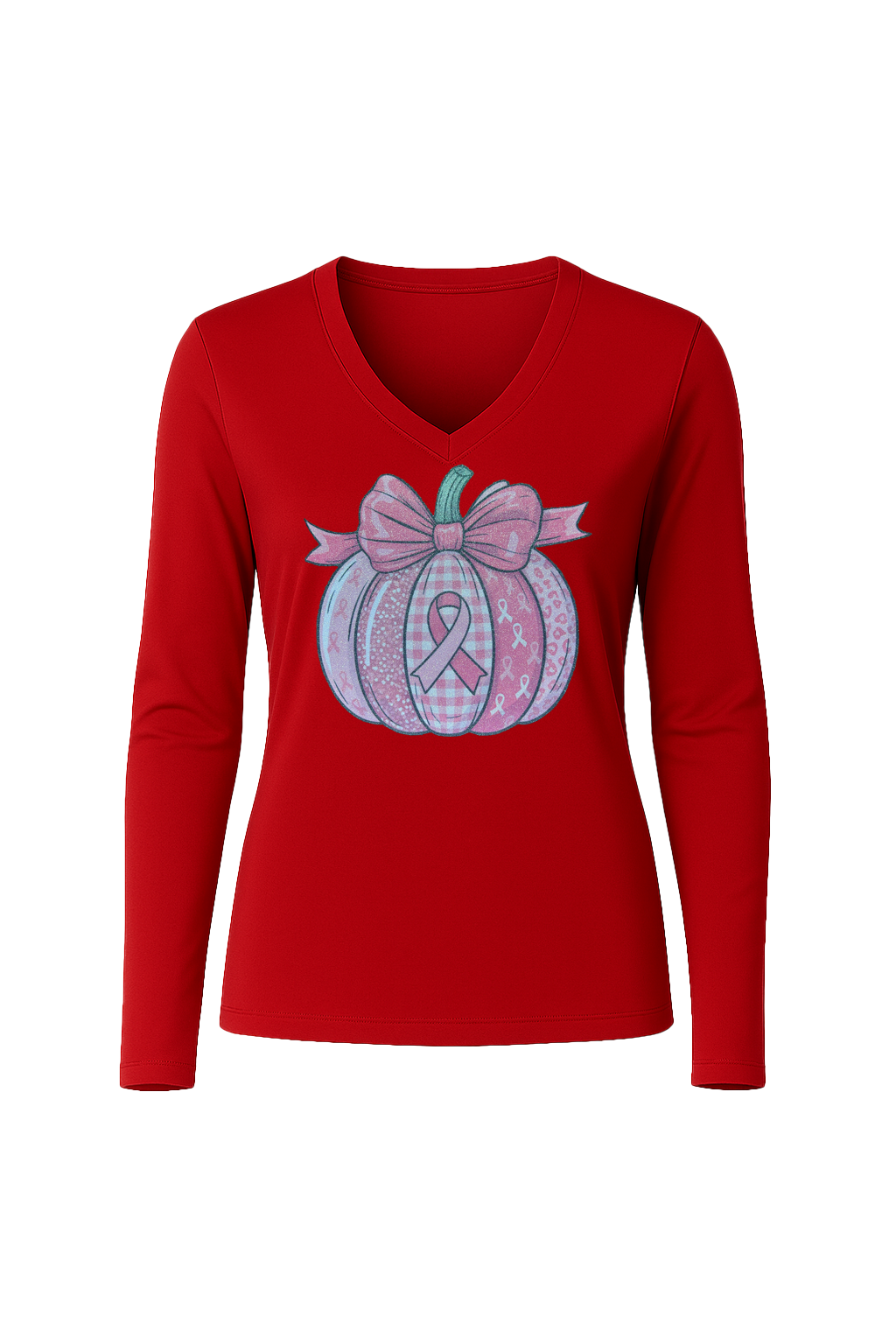 Glitter Breast Cancer Pumpkin Long Sleeve V-Neck Tee