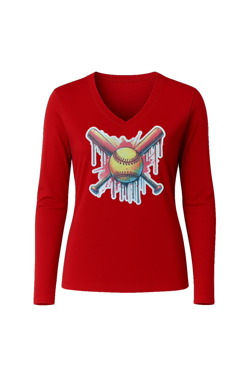 Glitter Red Drip Bats Long Sleeve V-Neck Tee