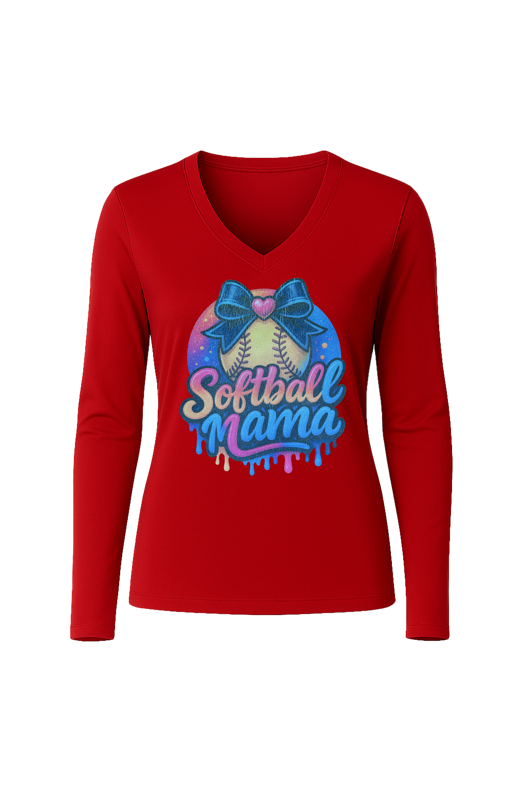 Glitter Softball Mama Drip Long Sleeve V-Neck Tee